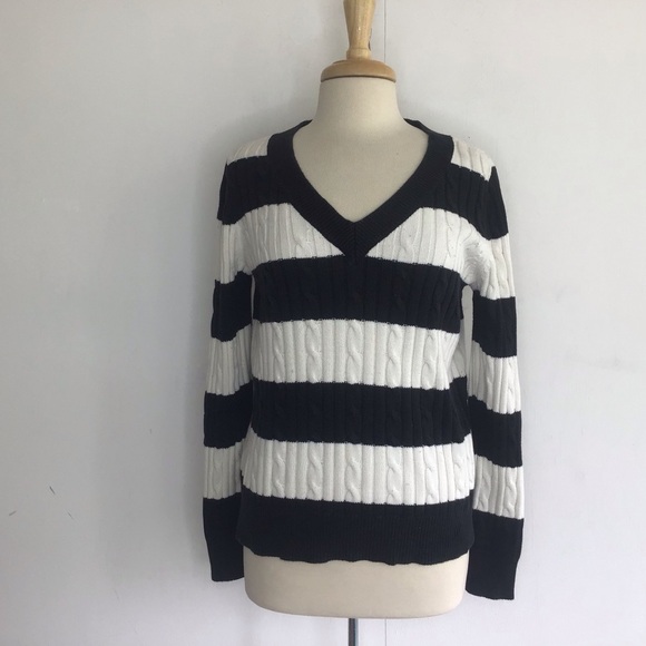 Chaps 100% Cotton Cableknit Black and White Broad Striped V-Neck Sweater Medium - Picture 1 of 8